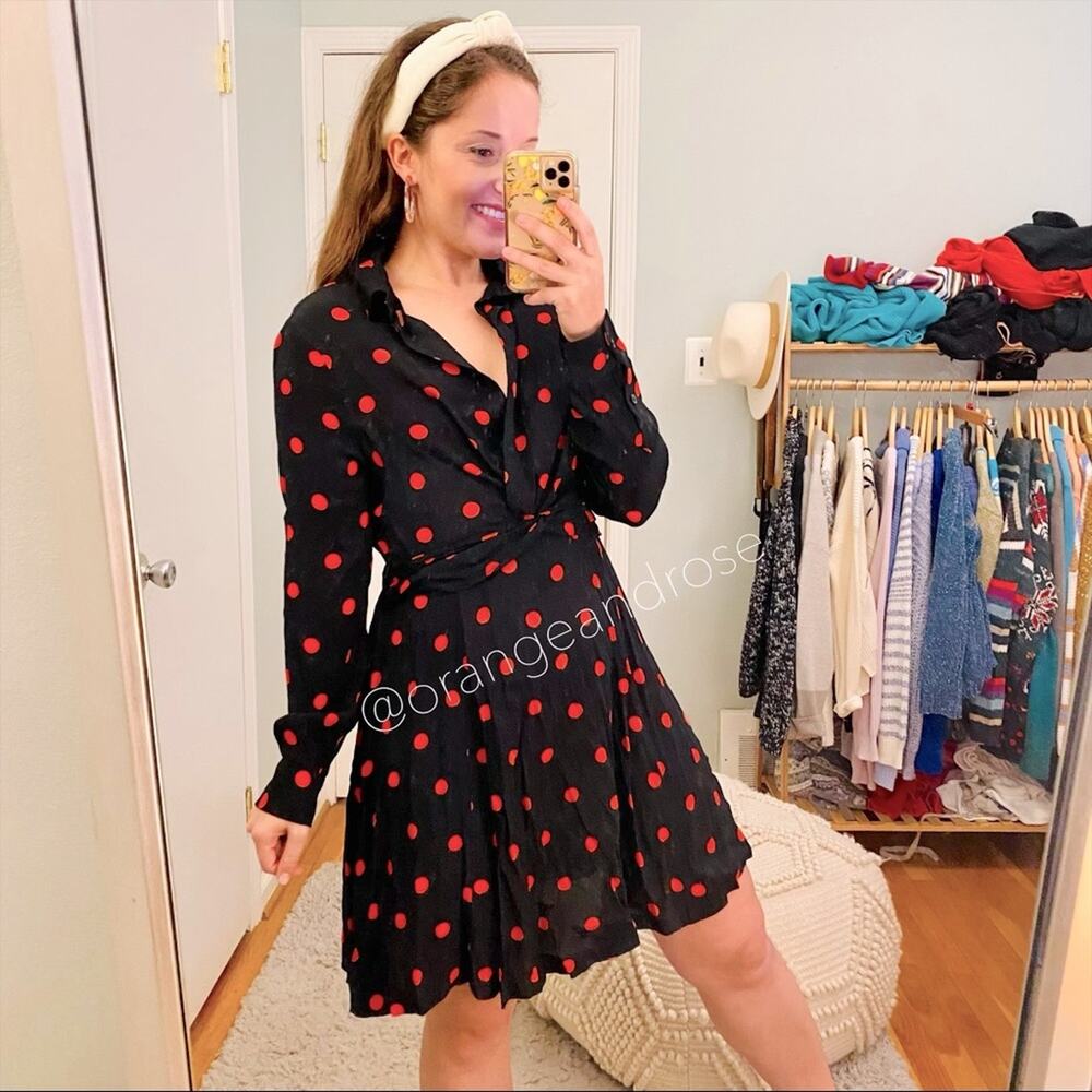 Ganni Black Red Polka Dot Mini Dress 36 Small